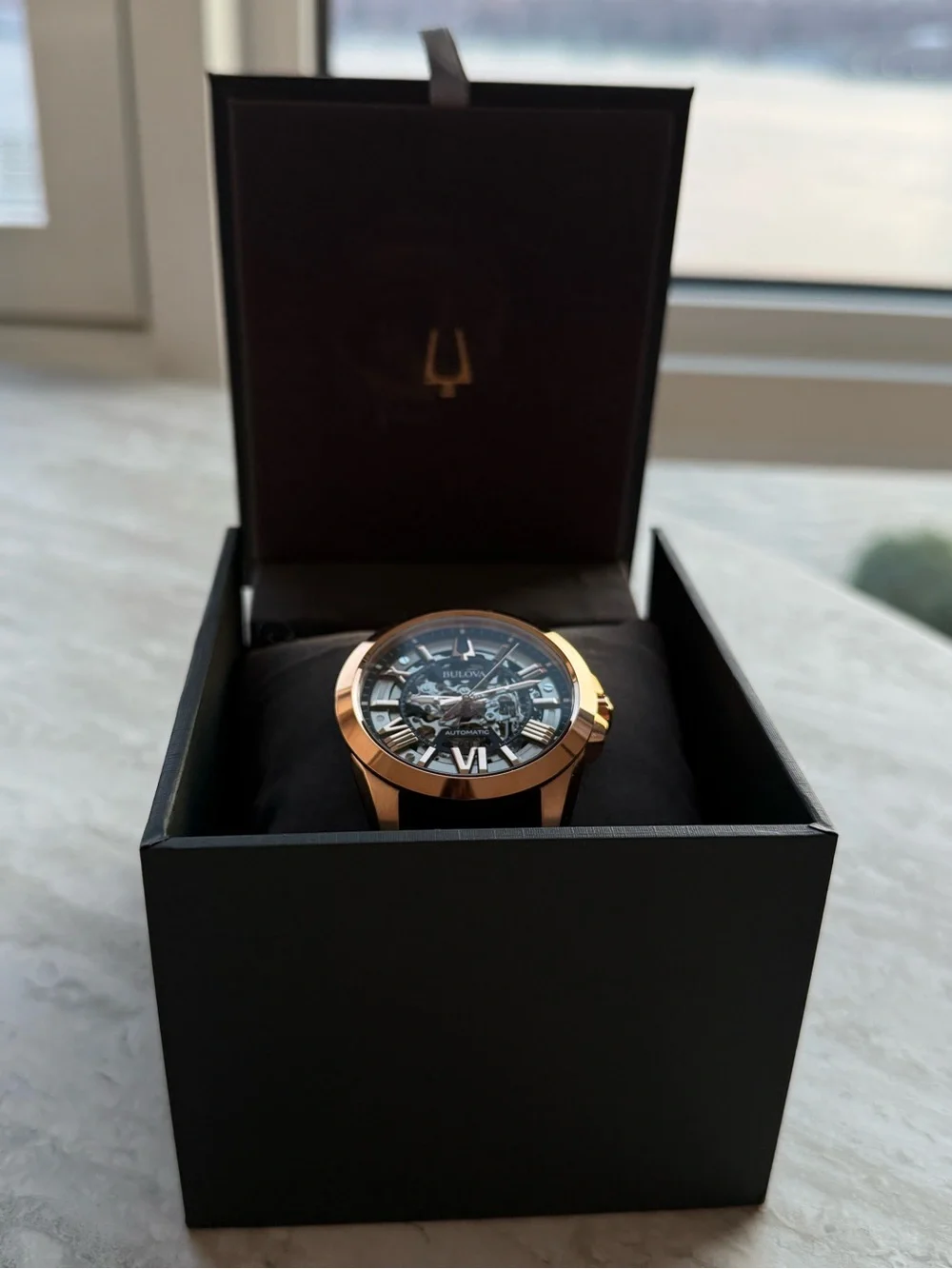 Bulova Rose Gold Case with Blue Leather Accents Watch
